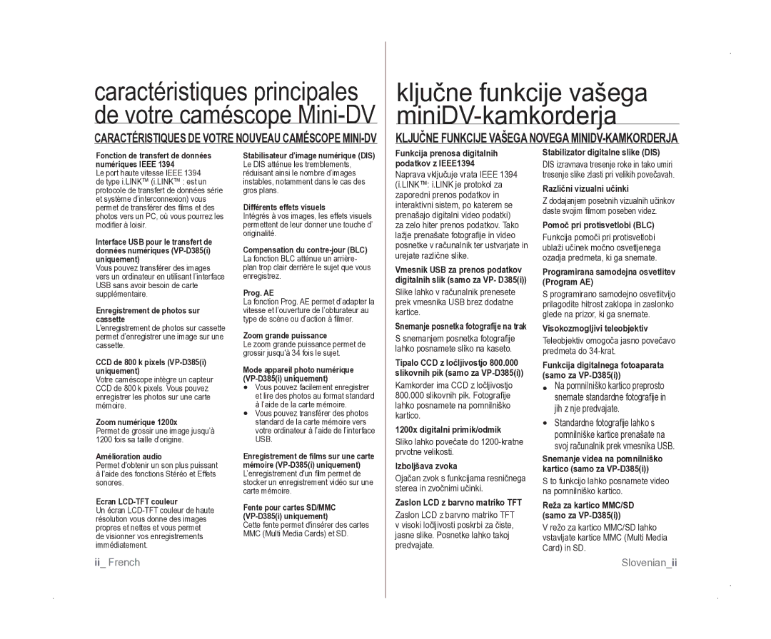 Samsung VP-D381/EDC manual Ključne Funkcije Vašega Novega MINIDV-KAMKORDERJA 