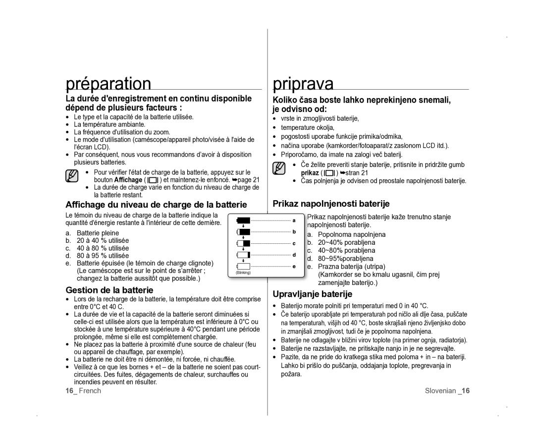 Samsung VP-D381/EDC Affichage du niveau de charge de la batterie, Gestion de la batterie, Prikaz napolnjenosti baterije 