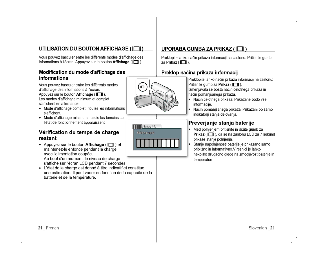 Samsung VP-D381/EDC manual Utilisation DU Bouton Affichage, Uporaba Gumba ZA Prikaz 