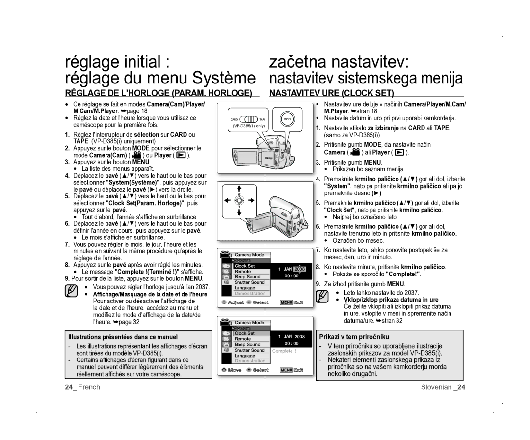 Samsung VP-D381/EDC manual Réglage DE Lhorloge PARAM. Horloge Nastavitev URE Clock SET 