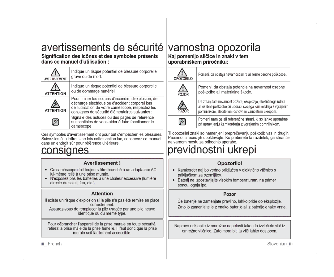 Samsung VP-D381/EDC manual Avertissements de sécurité varnostna opozorila, Consignes, Previdnostni ukrepi 