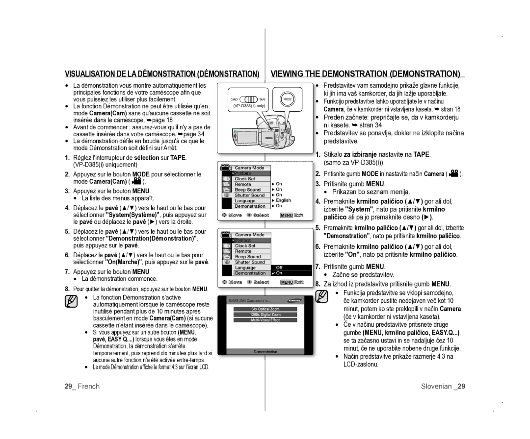 Samsung VP-D381/EDC manual Visualisation DE LA Démonstration Démonstration, Sélectionner DemonstrationDémonstration 