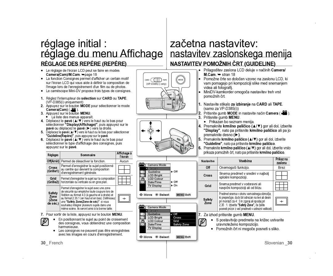 Samsung VP-D381/EDC manual Réglage DES Repére Repére, Nastavitev Pomožnih ČRT Guideline 