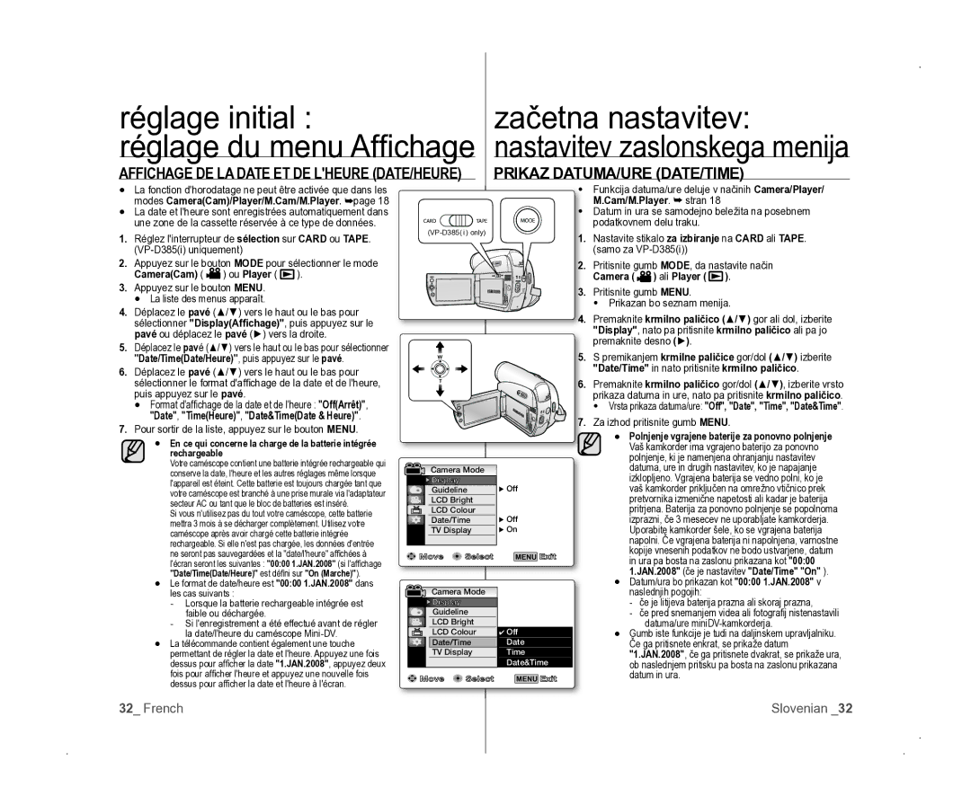 Samsung VP-D381/EDC manual Prikaz DATUMA/URE DATE/TIME, Affichage DE LA Date ET DE Lheure DATE/HEURE 