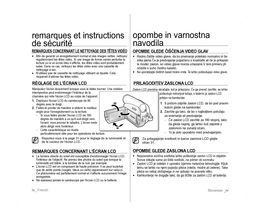 Samsung VP-D381/EDC manual Remarques et instructions de sécurité, Opombe in varnostna navodila 