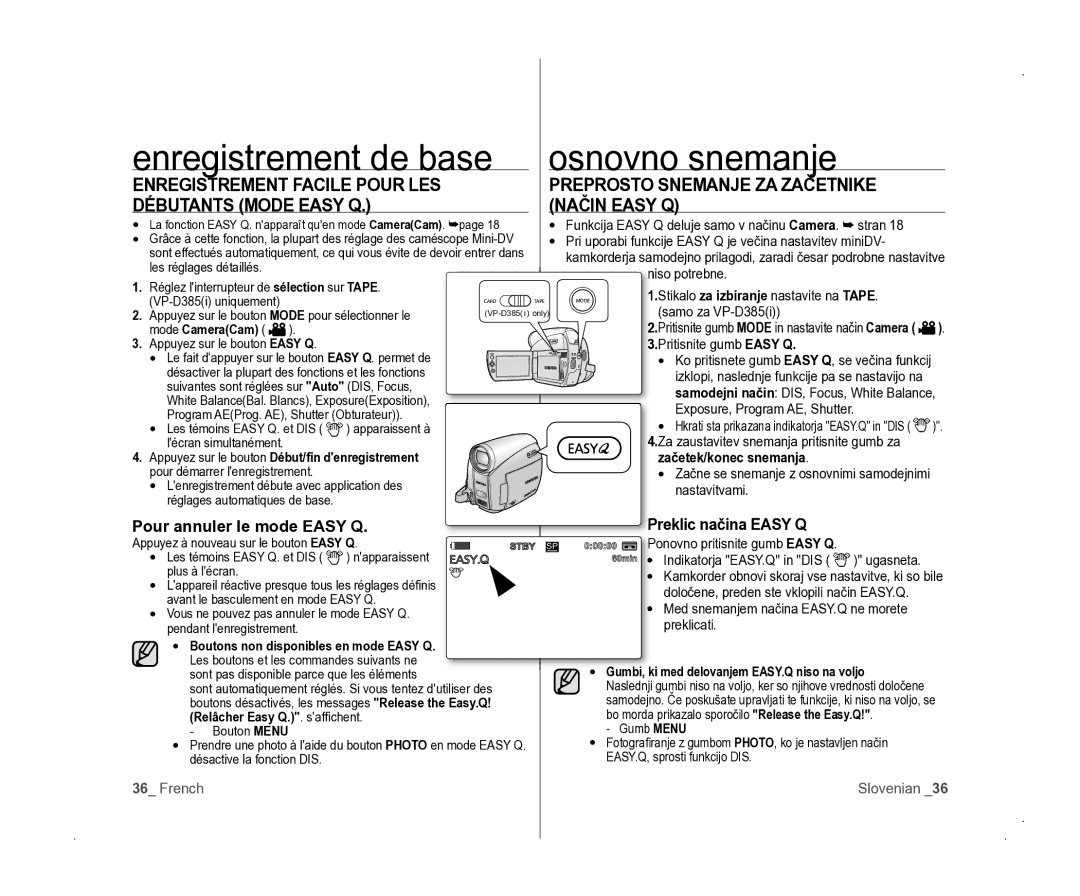 Samsung VP-D381/EDC manual Enregistrement de base osnovno snemanje, Pour annuler le mode Easy Q Reklic načina Easy Q 