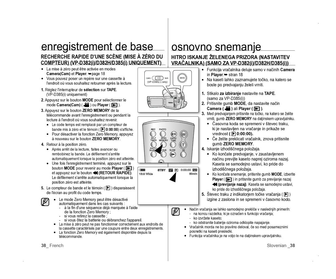 Samsung VP-D381/EDC manual Recherche Rapide Dune Scène Mise À Zéro DU, 00000, Gumb Zero Memory 