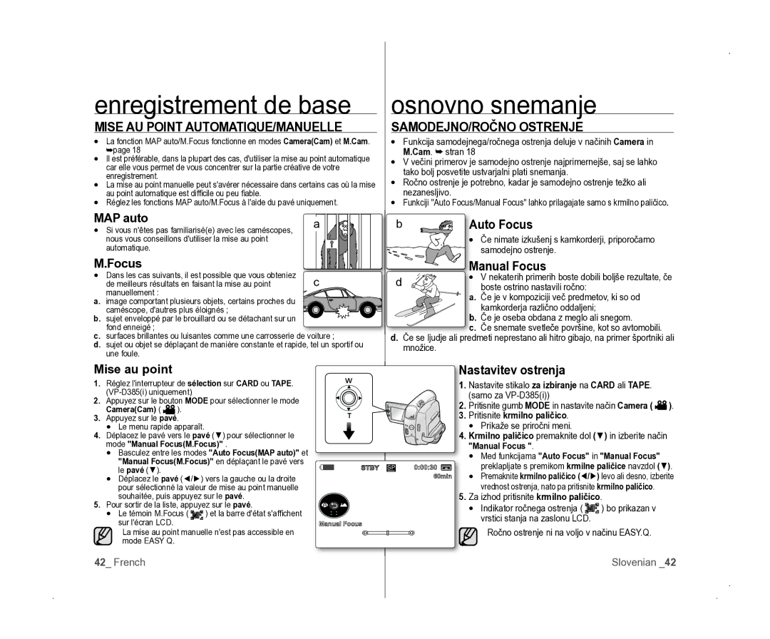 Samsung VP-D381/EDC manual SAMODEJNO/ROČNO Ostrenje, Anual Focus, Astavitev ostrenja 