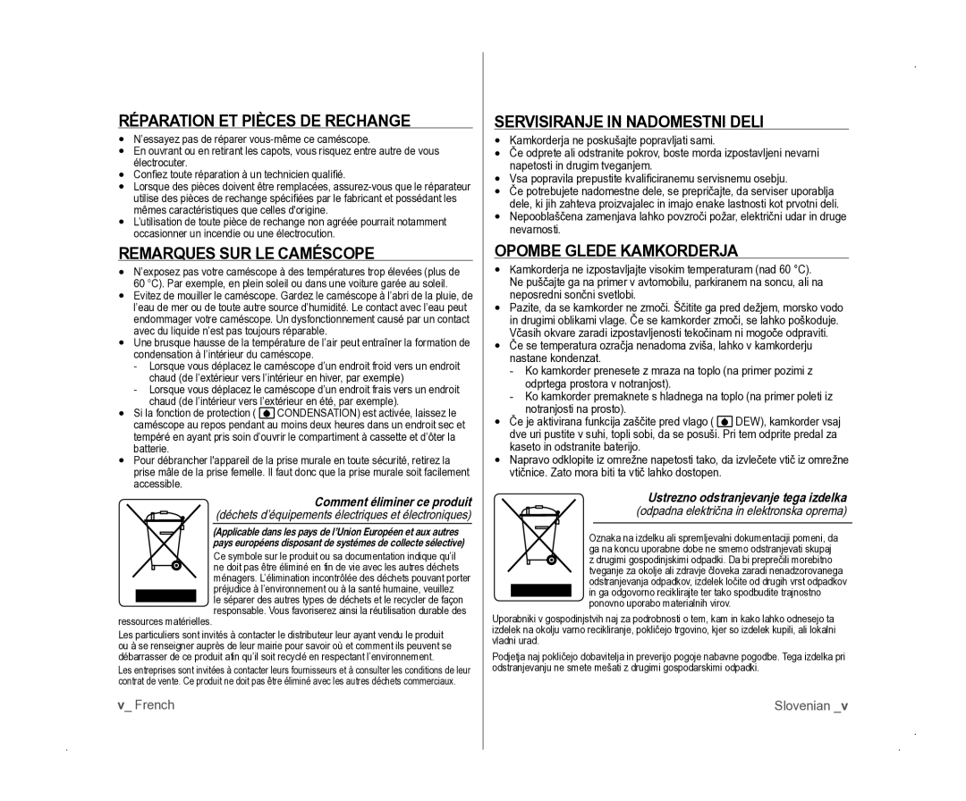 Samsung VP-D381/EDC manual Réparation ET Pièces DE Rechange, Remarques SUR LE Caméscope, Servisiranje in Nadomestni Deli 