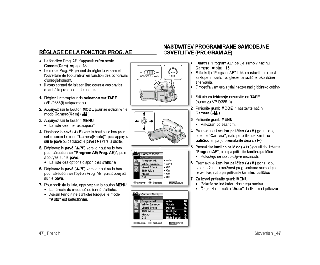 Samsung VP-D381/EDC manual Pritisnite gumb Mode in nastavite način Camera, Pritisnite gumb Menu Prikazan bo seznam 