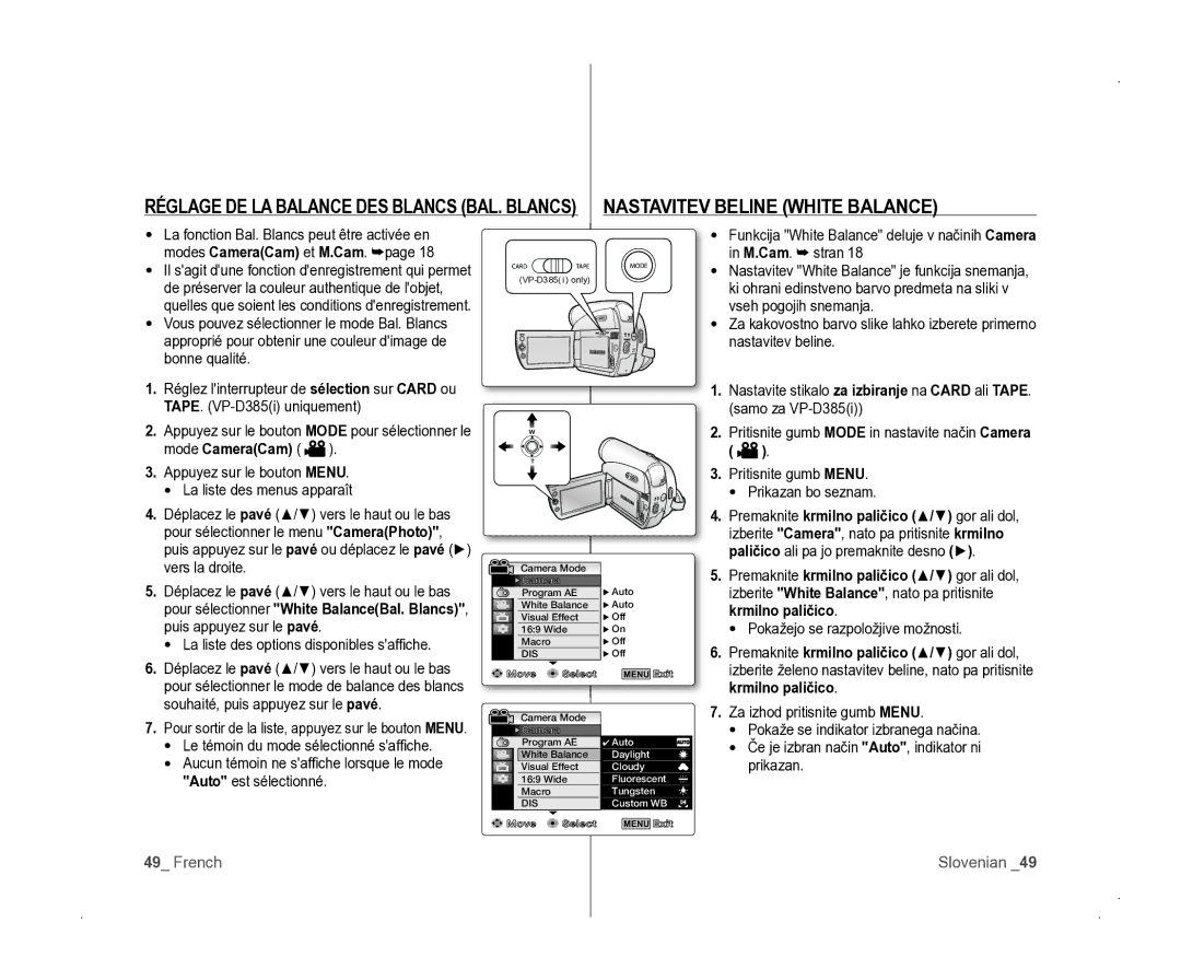 Samsung VP-D381/EDC manual La fonction Bal. Blancs peut être activée en, Modes CameraCam et M.Cam, M.Cam. stran, Prikazan 