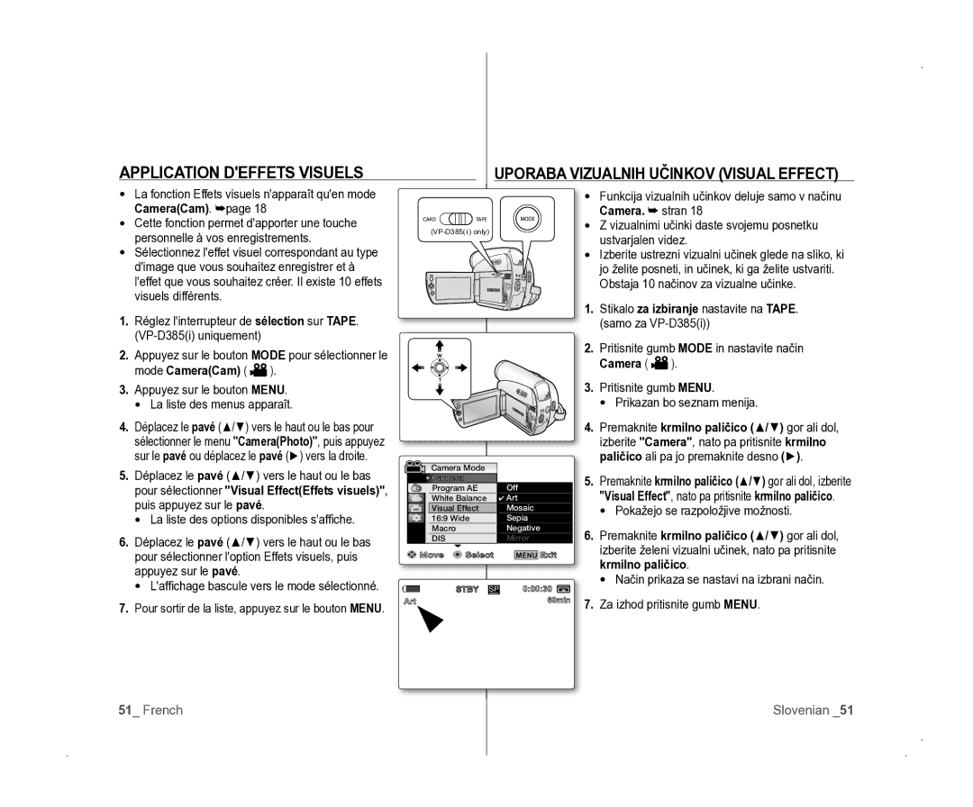 Samsung VP-D381/EDC manual Application Deffets Visuels, Uporaba Vizualnih Učinkov Visual Effect, Camera. stran 