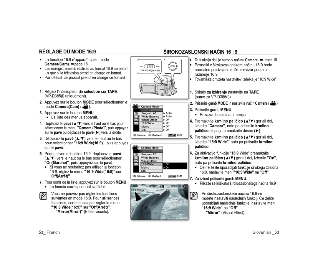 Samsung VP-D381/EDC manual Réglage DU Mode Širokozaslonski Način 16, OffArrêt 