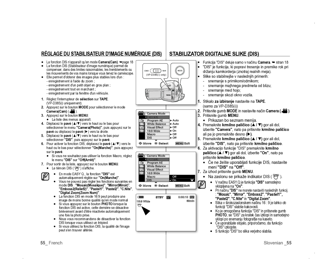 Samsung VP-D381/EDC manual Meni DIS na Off 