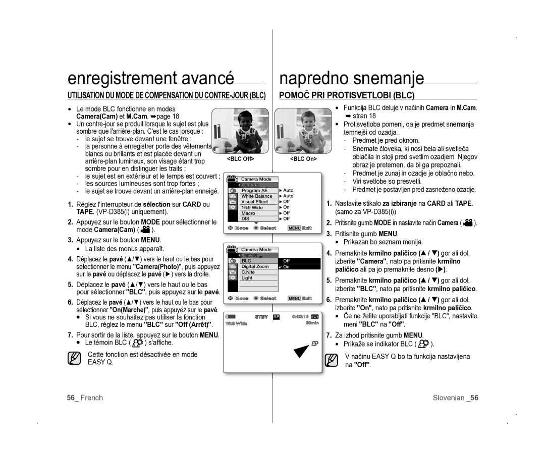 Samsung VP-D381/EDC manual Pomoč PRI Protisvetlobi BLC, CameraCam et M.Cam, Meni BlC na Off, Na Off 