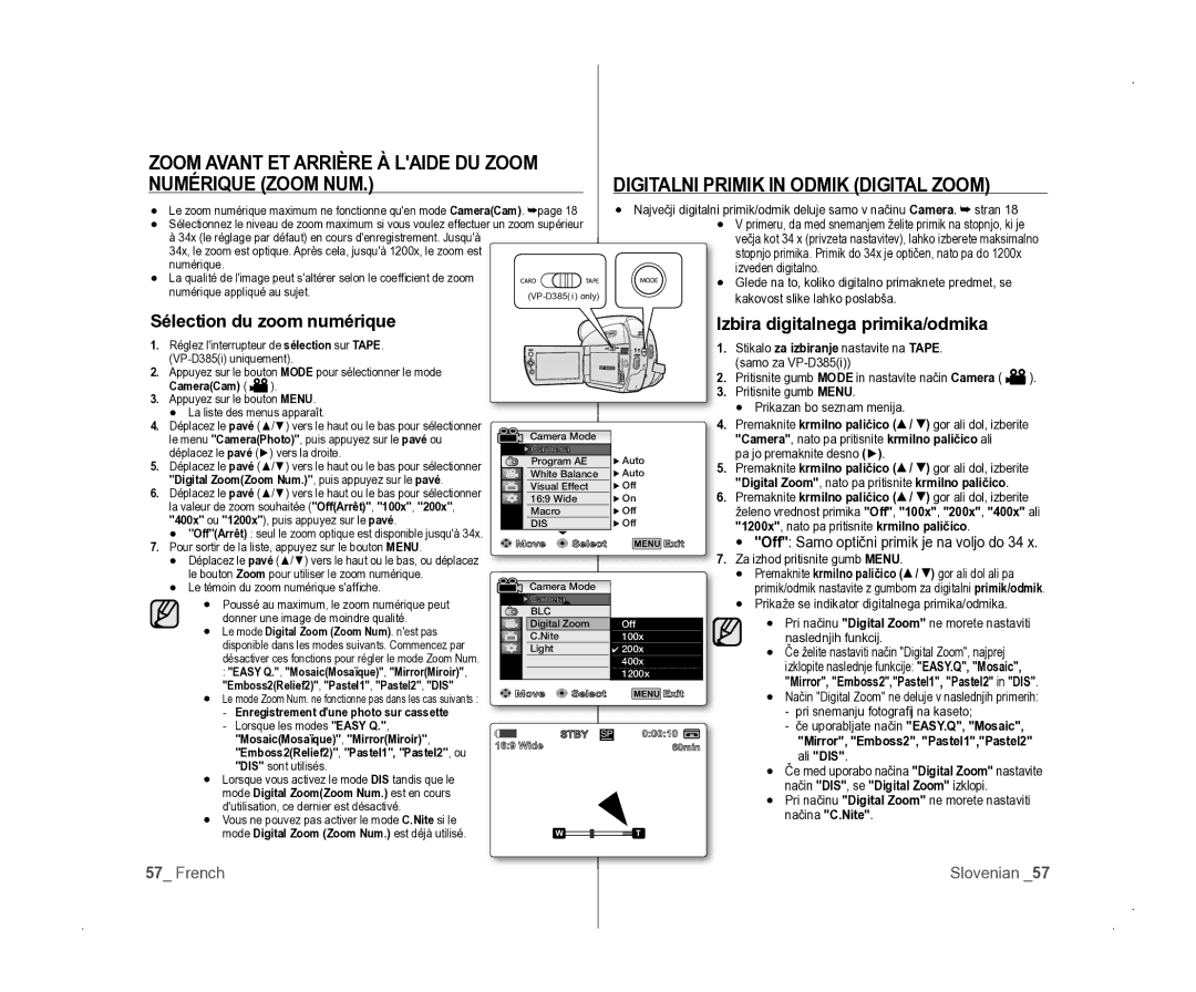 Samsung VP-D381/EDC manual Digitalni Primik in Odmik Digital Zoom Numérique Zoom NUM, Zoom Avant ET Arrière À Laide DU Zoom 