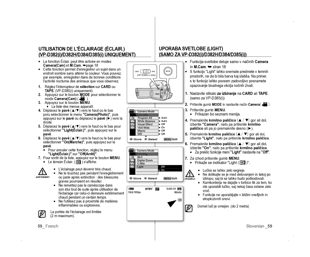 Samsung VP-D381/EDC Uporaba Svetlobe Light, Samo ZA VP-D382i/D382H/D384/D385i, VP-D382i/D382H/D384/D385i Uniquement, Pavé 