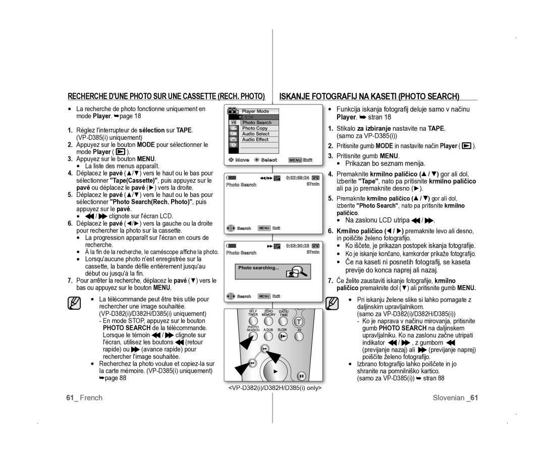 Samsung VP-D381/EDC manual Mode player, Player. stran Réglez linterrupteur de sélection sur TApE, Recherche 