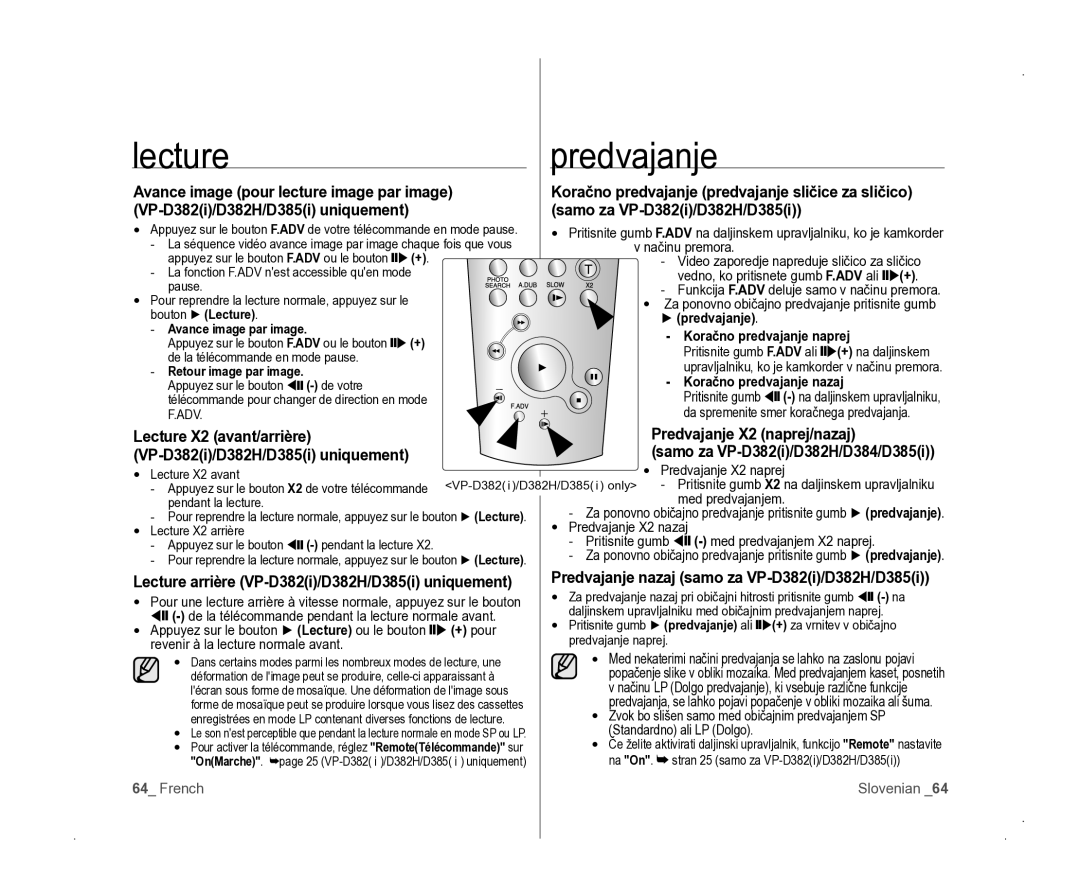 Samsung VP-D381/EDC manual Lecturepredvajanje, Predvajanje nazaj samo za VP-D382i/D382H/D385i 