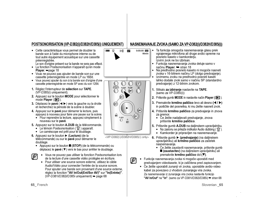 Samsung VP-D381/EDC manual Mode player, Premaknite krmilno paličico dol 