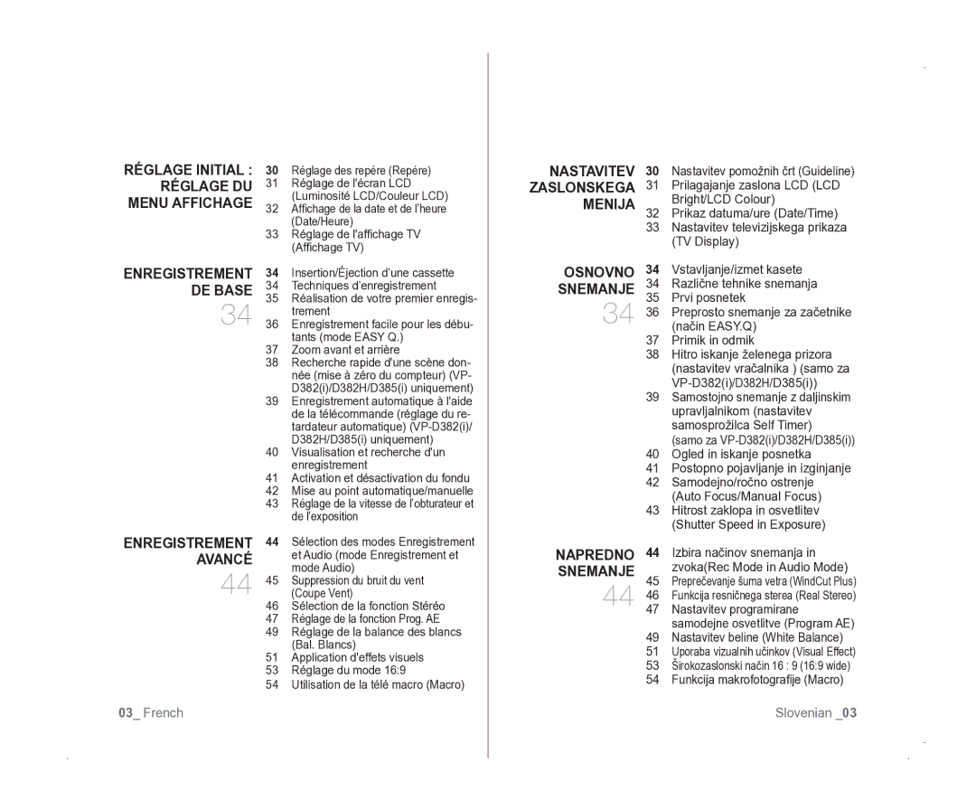 Samsung VP-D381/EDC manual Réglage Initial Réglage DU Menu Affichage, Nastavitev, Zaslonskega, Menija 