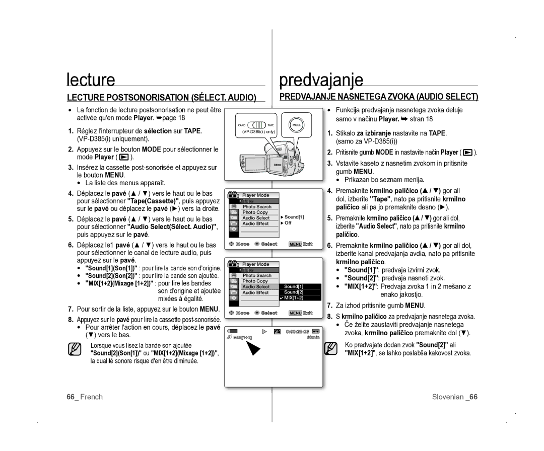 Samsung VP-D381/EDC manual Predvajanje Nasnetega Zvoka Audio Select 