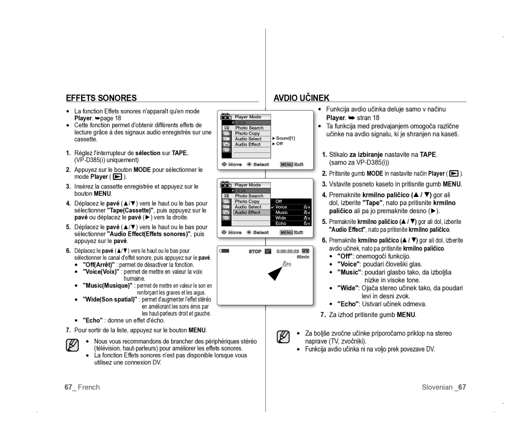 Samsung VP-D381/EDC manual Effets Sonores Avdio Učinek, Stikalo za izbiranje nastavite na TApE Samo za VP-D385i 