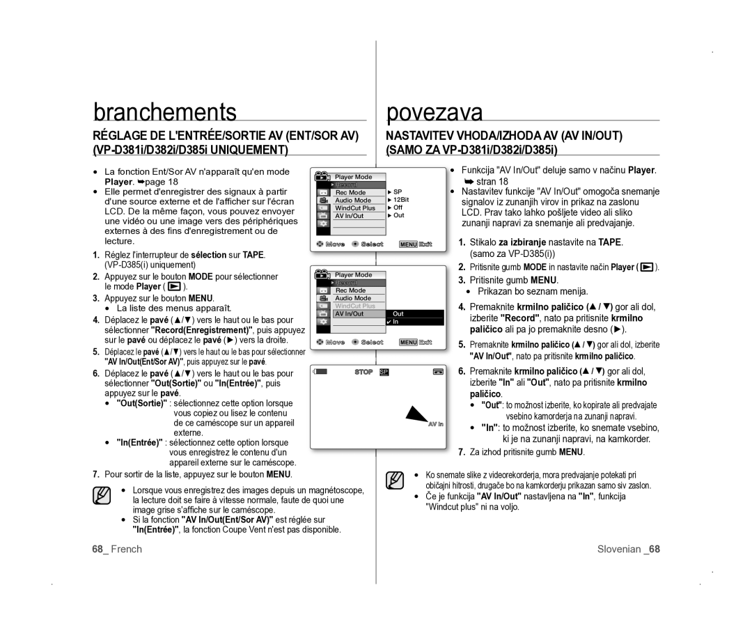 Samsung VP-D381/EDC Branchements Povezava, Nastavitev VHODA/IZHODA AV AV IN/OUT, Réglage DE LENTRÉE/SORTIE AV ENT/SOR AV 