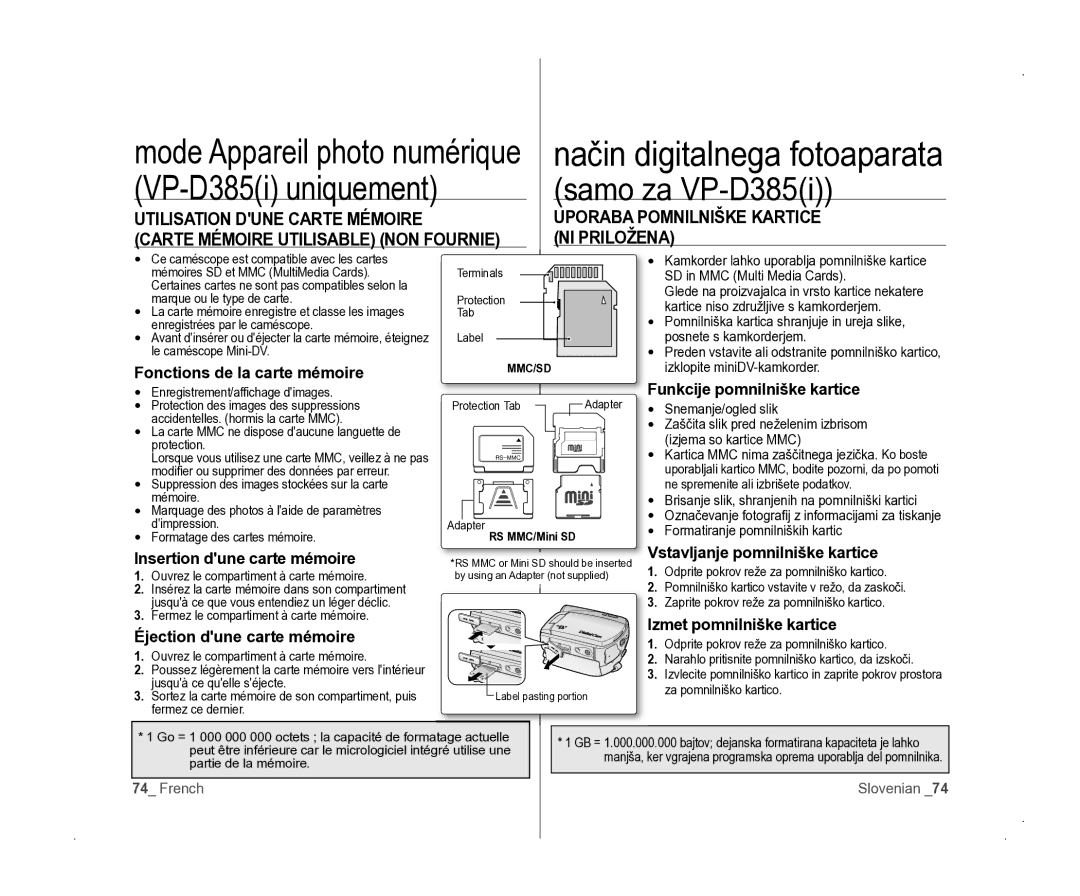 Samsung VP-D381/EDC manual UTIlISATION Dune Carte Mémoire UpORABA pOMNIlNIškE kARTICE 