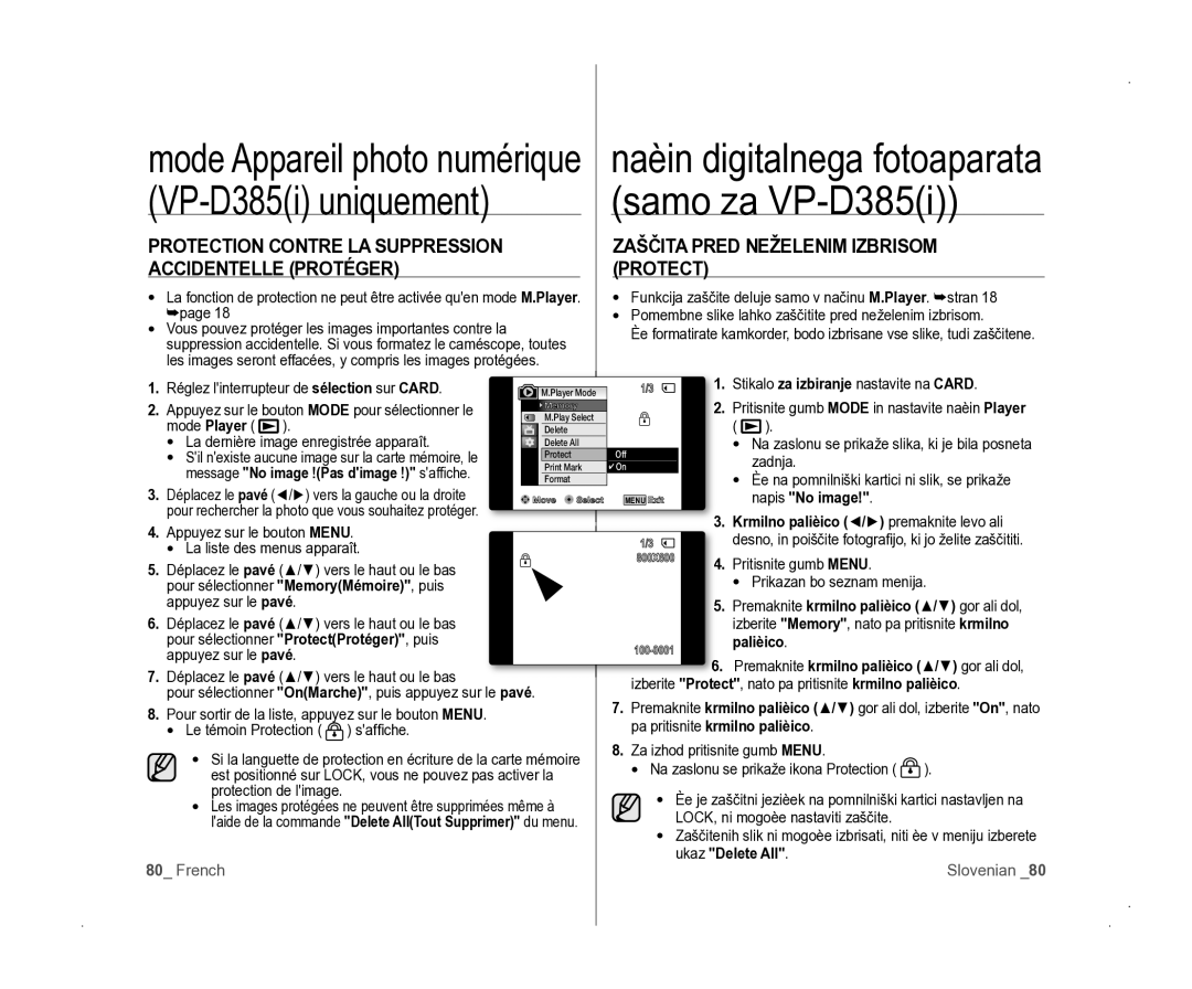 Samsung VP-D381/EDC manual PROTECTION Contre lA SUppRESSION, Accidentelle Protéger, Zaščita Pred Neželenim Izbrisom Protect 