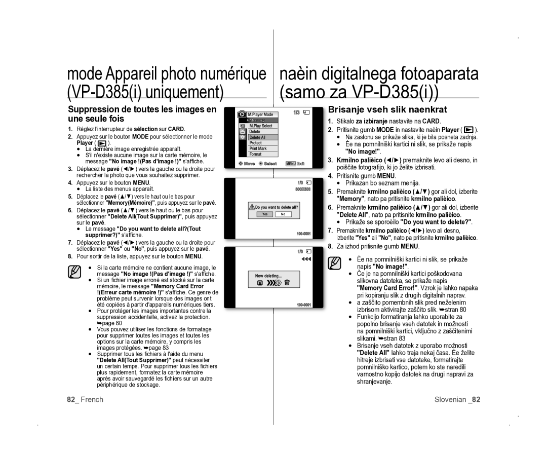 Samsung VP-D381/EDC manual Suppression de toutes les images en, Brisanje vseh slik naenkrat Une seule fois, No image 