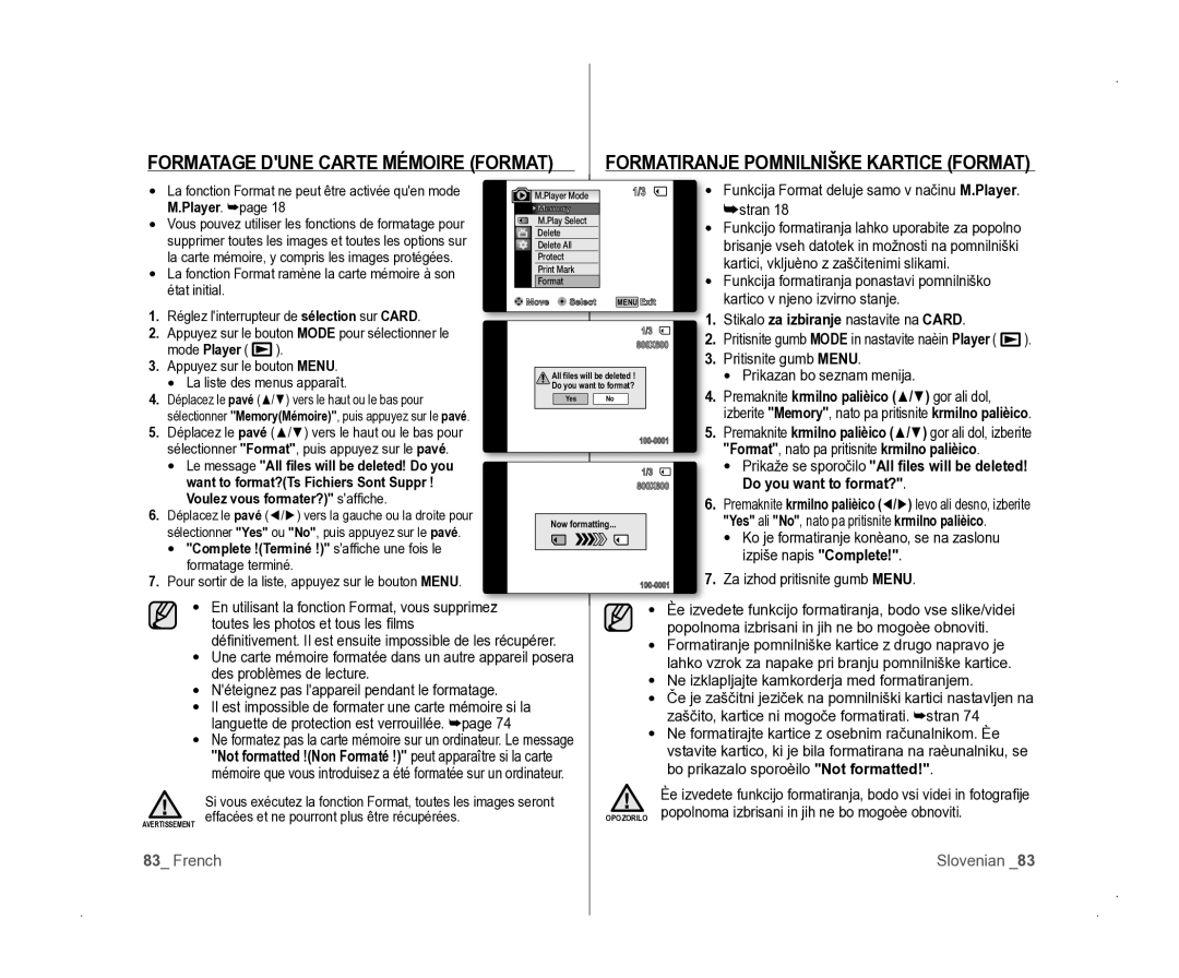 Samsung VP-D381/EDC manual Formatage Dune Carte Mémoire Format, Kartici, vkljuèno z zaščitenimi slikami 