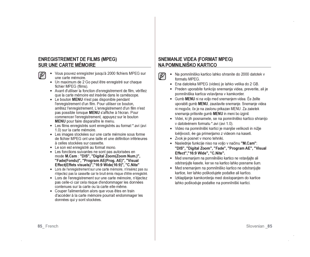 Samsung VP-D381/EDC manual Snemanje videa format Mpeg na pomnilniško kartico, Le son est enregistré au format mono 