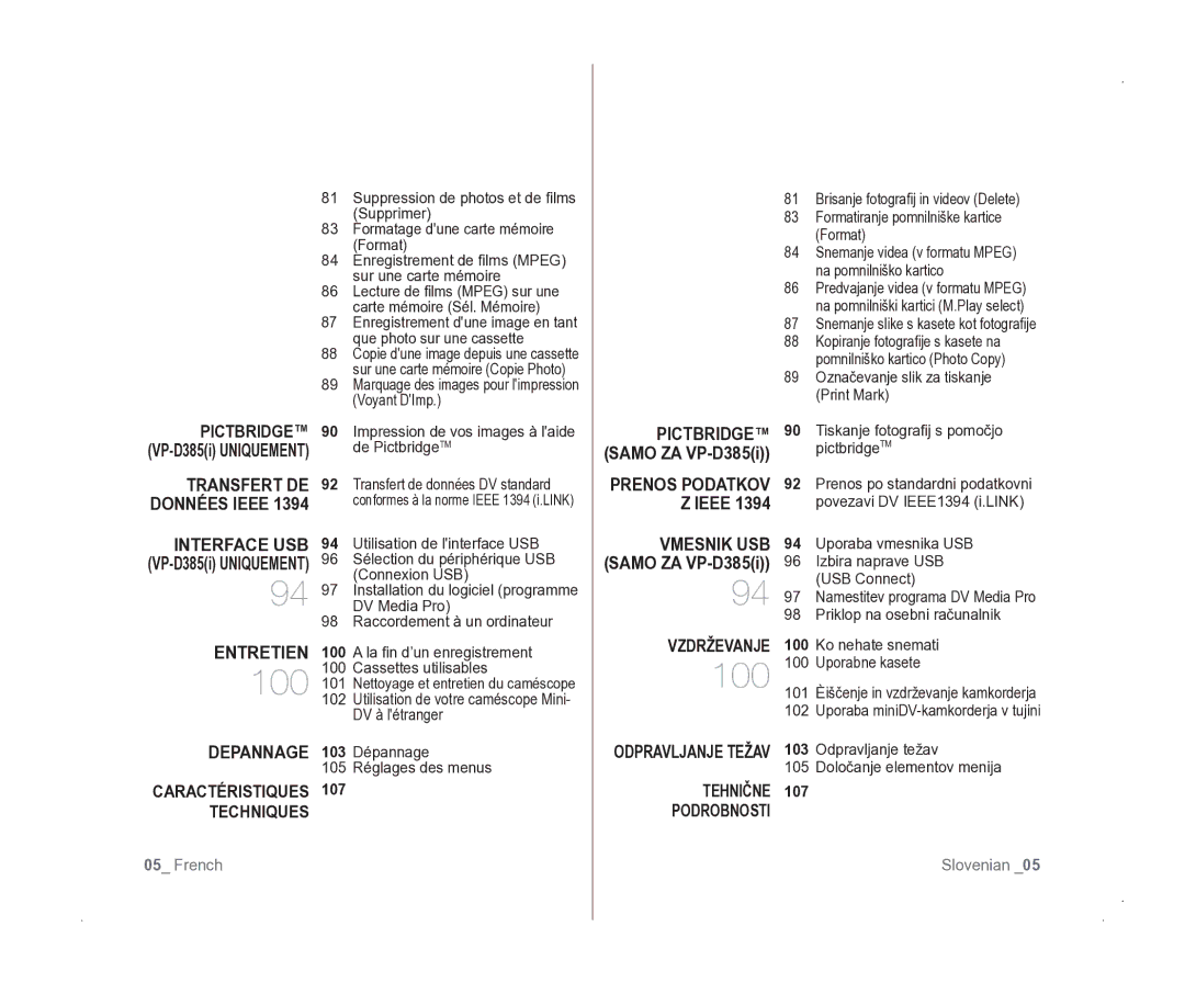 Samsung VP-D381/EDC manual Entretien, Depannage, Vzdrževanje, Tehnične Podrobnosti 