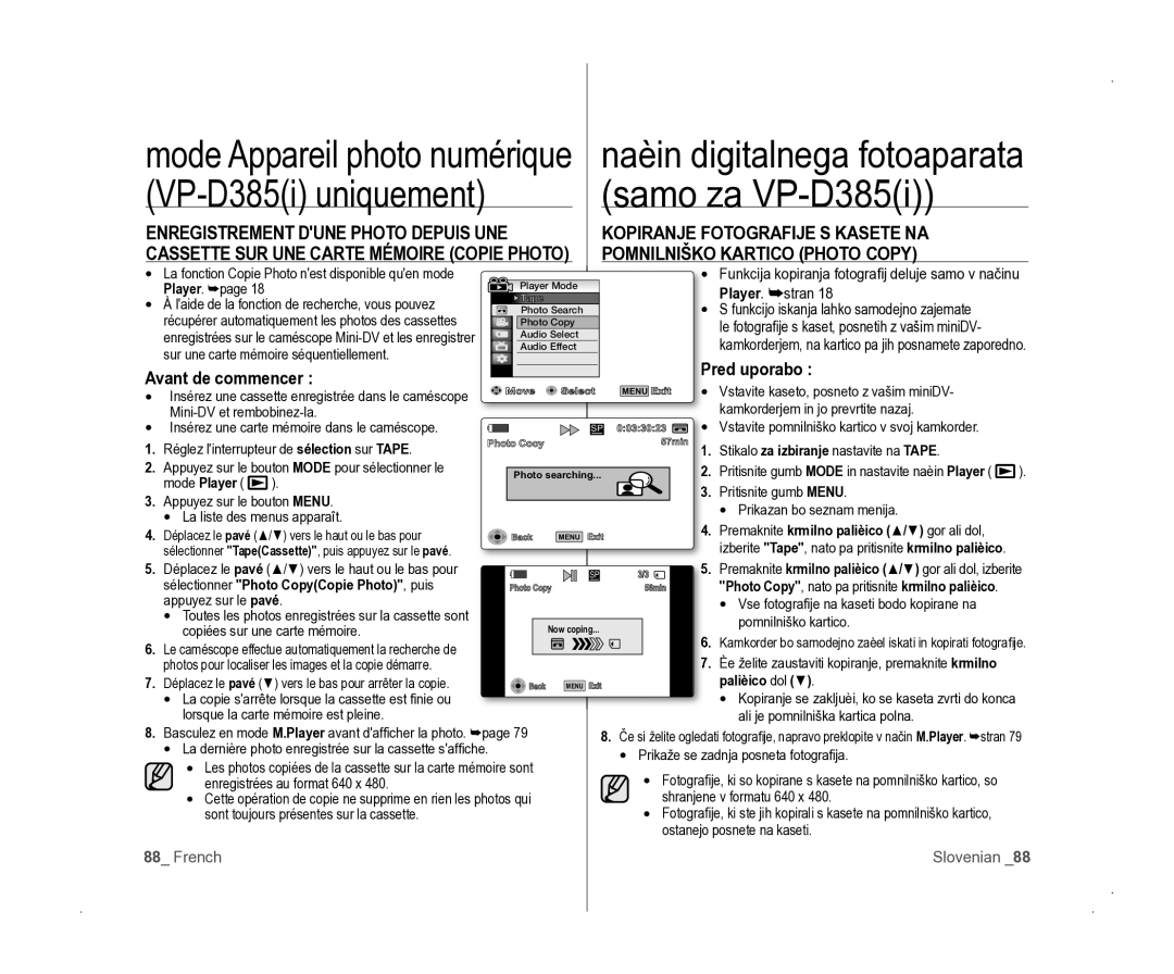 Samsung VP-D381/EDC manual Pomnilniško Kartico Photo Copy, Red uporabo Avant de commencer, Palièico dol 