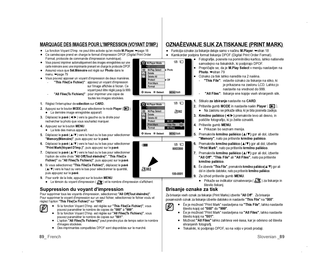 Samsung VP-D381/EDC Oznaèevanje Slik ZA Tiskanje Print Mark, Suppression du voyant dimpression, Brisanje oznake za tisk 