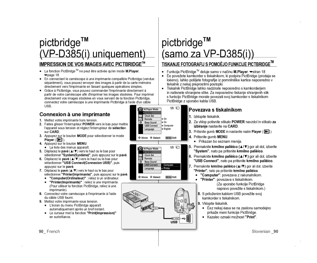 Samsung VP-D381/EDC manual PictbridgeTM, Ovezava s tiskalnikom, Connexion à une imprimante, Izbiranje nastavite na Card 