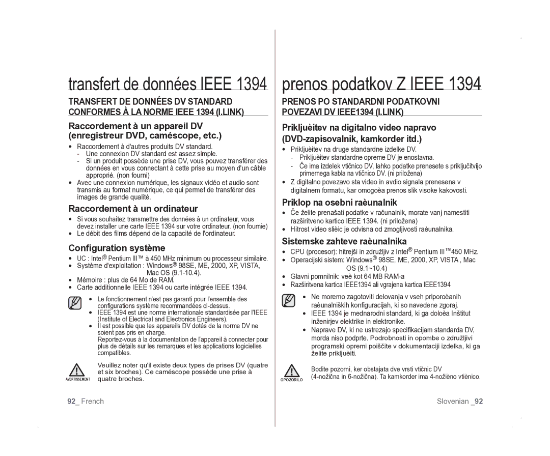 Samsung VP-D381/EDC manual Raccordement à un ordinateur, Configuration système, Priklop na osebni raèunalnik 