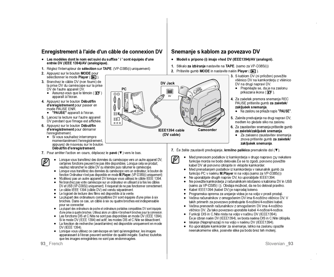 Samsung VP-D381/EDC manual Snemanje s kablom za povezavo DV, Enregistrement à laide dun câble de connexion DV 