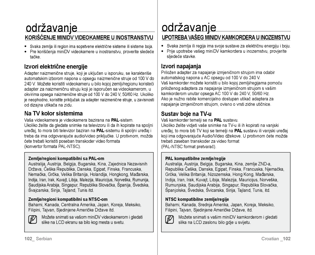 Samsung VP-D381/EDC manual Izvori električne energije, Na TV kolor sistemima, Izvori napajanja, Sustav boje na TV-u 