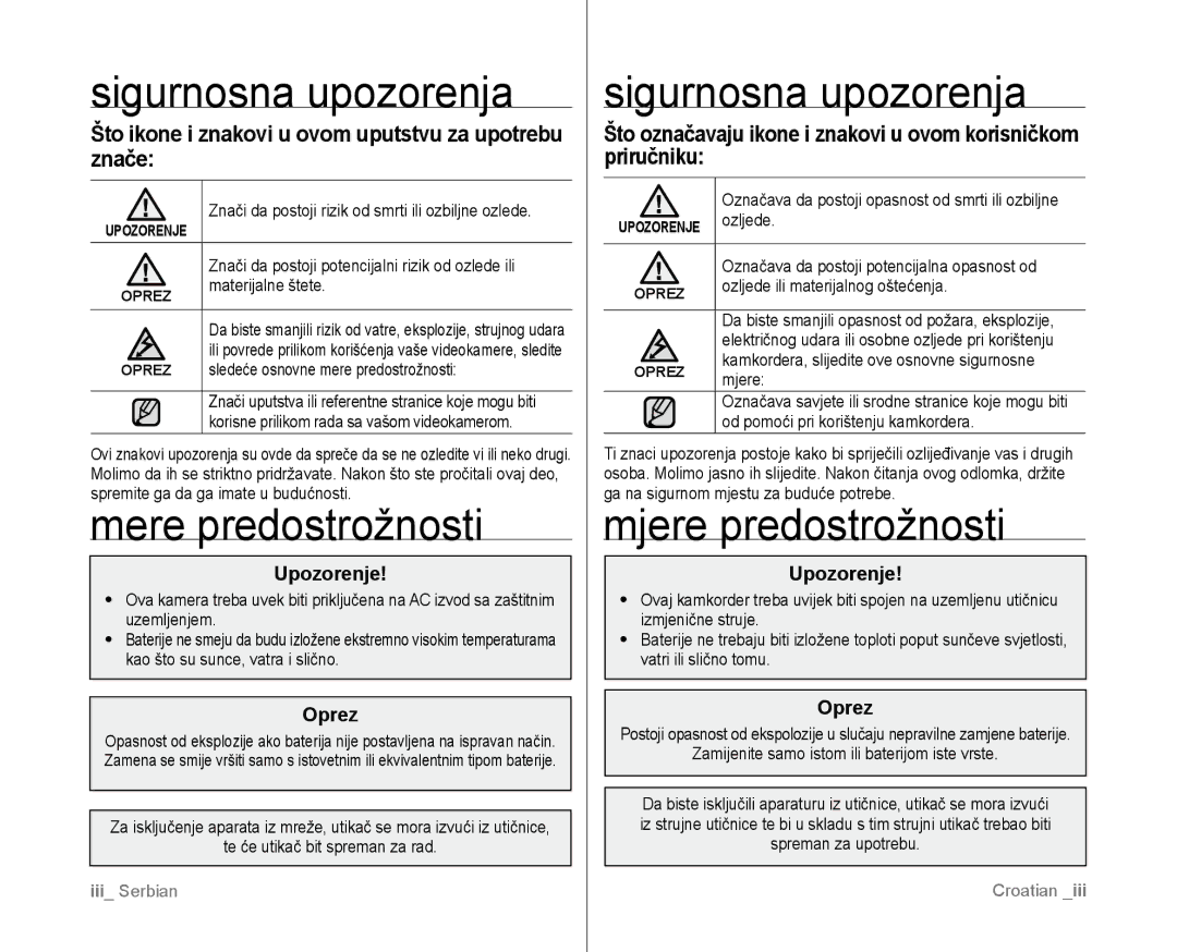 Samsung VP-D381/EDC manual Sigurnosna upozorenja, Mere predostrožnosti, Mjere predostrožnosti 