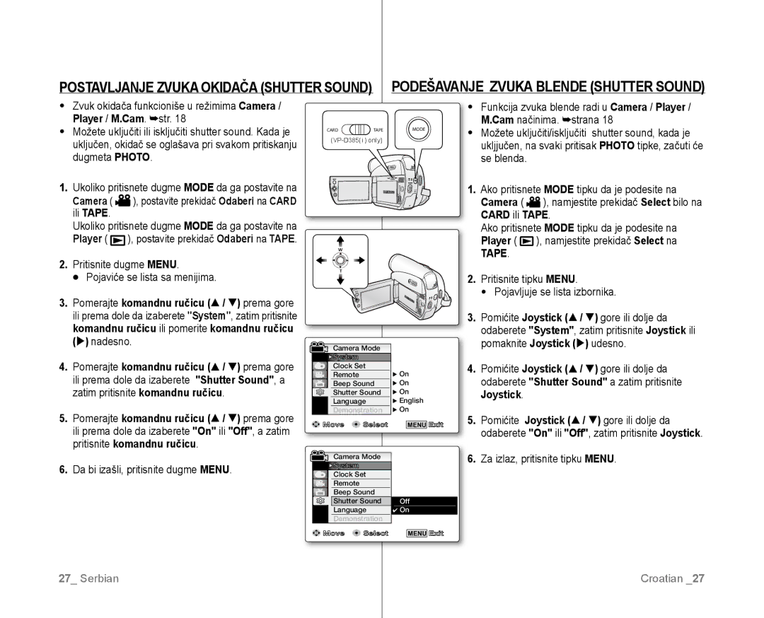 Samsung VP-D381/EDC manual Zvuk okidača funkcioniše u režimima Camera, Player / M.Cam. str, Card ili Tape 