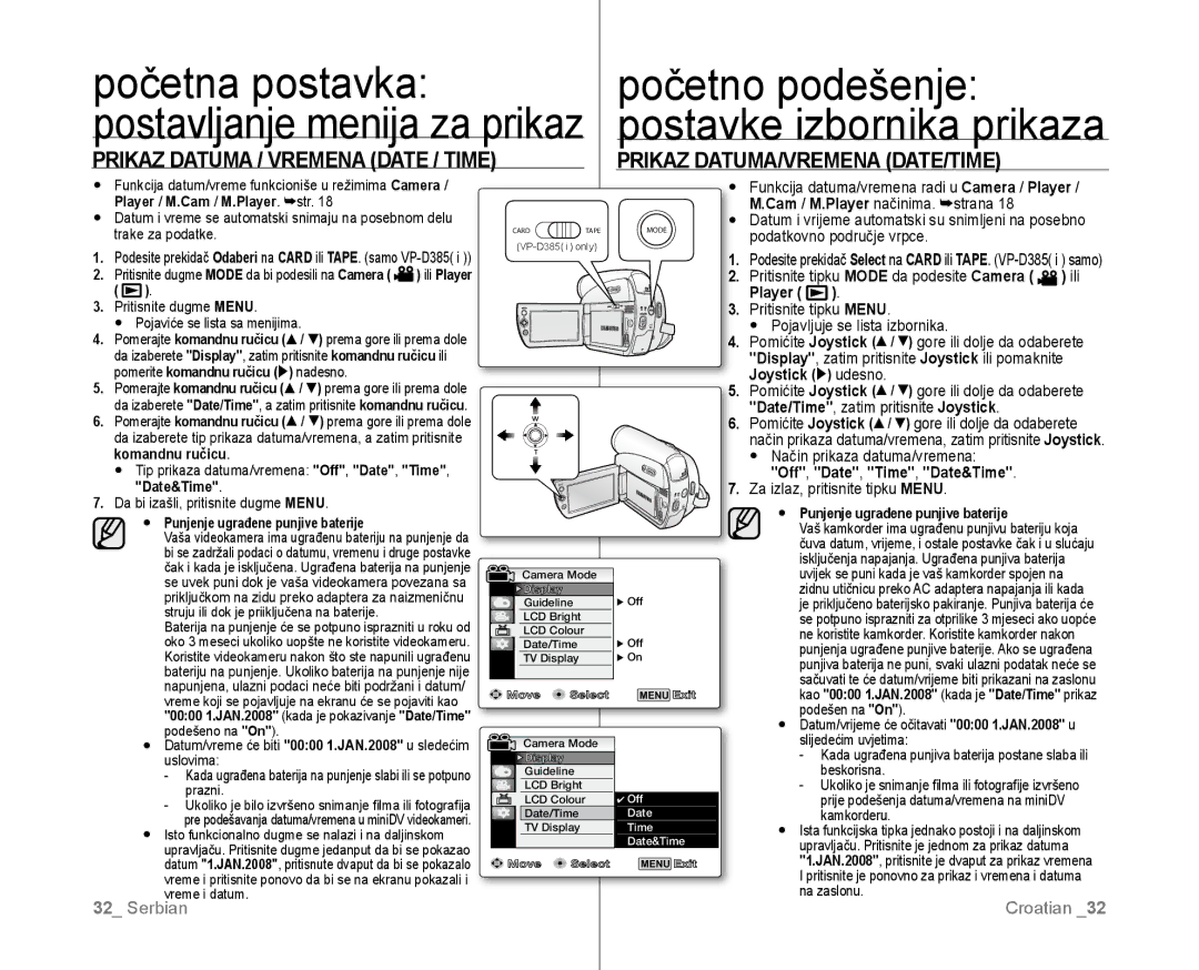 Samsung VP-D381/EDC manual Prikaz DATUMA/VREMENA DATE/TIME, Player, Off , Date , Time , Date&Time 