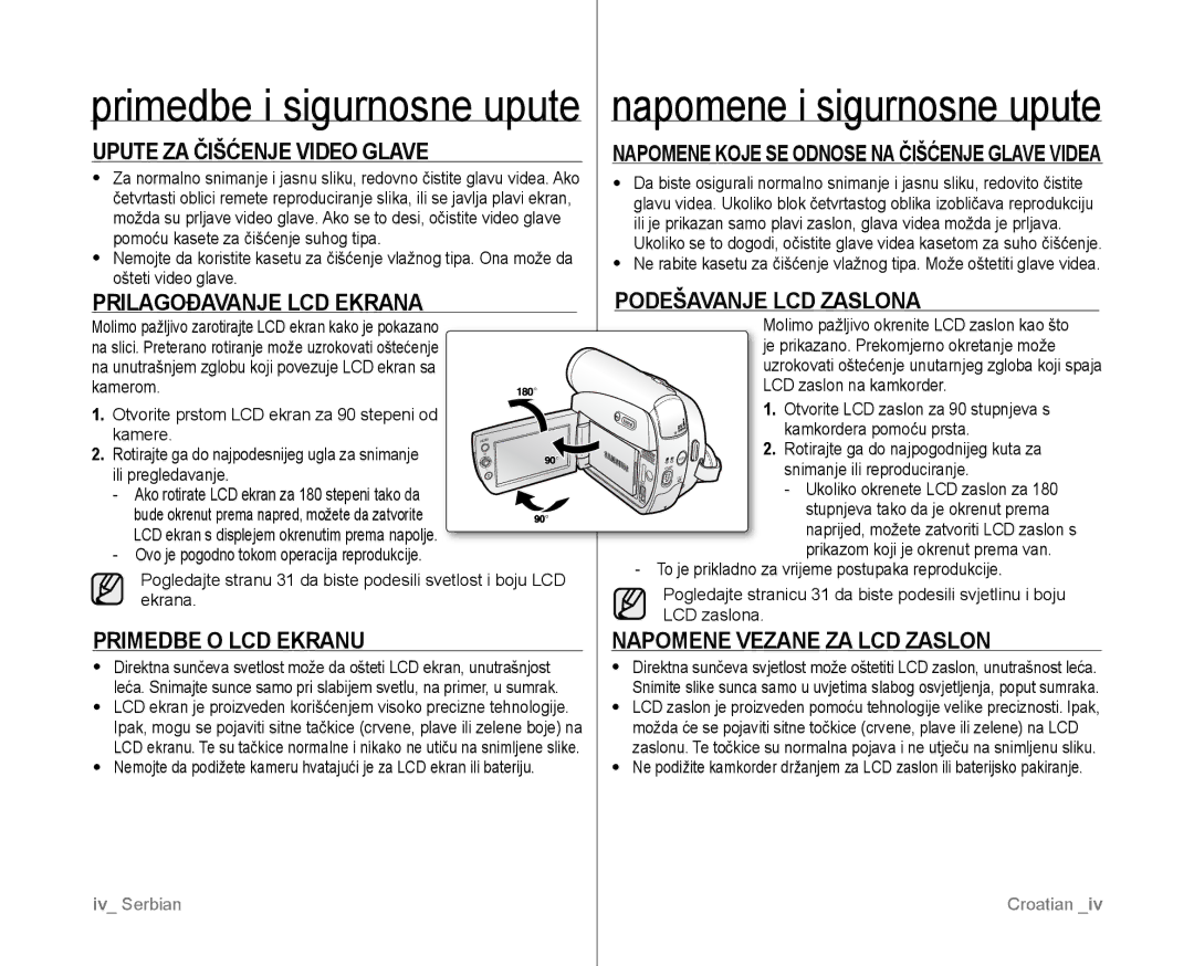 Samsung VP-D381/EDC manual Napomene i sigurnosne upute 