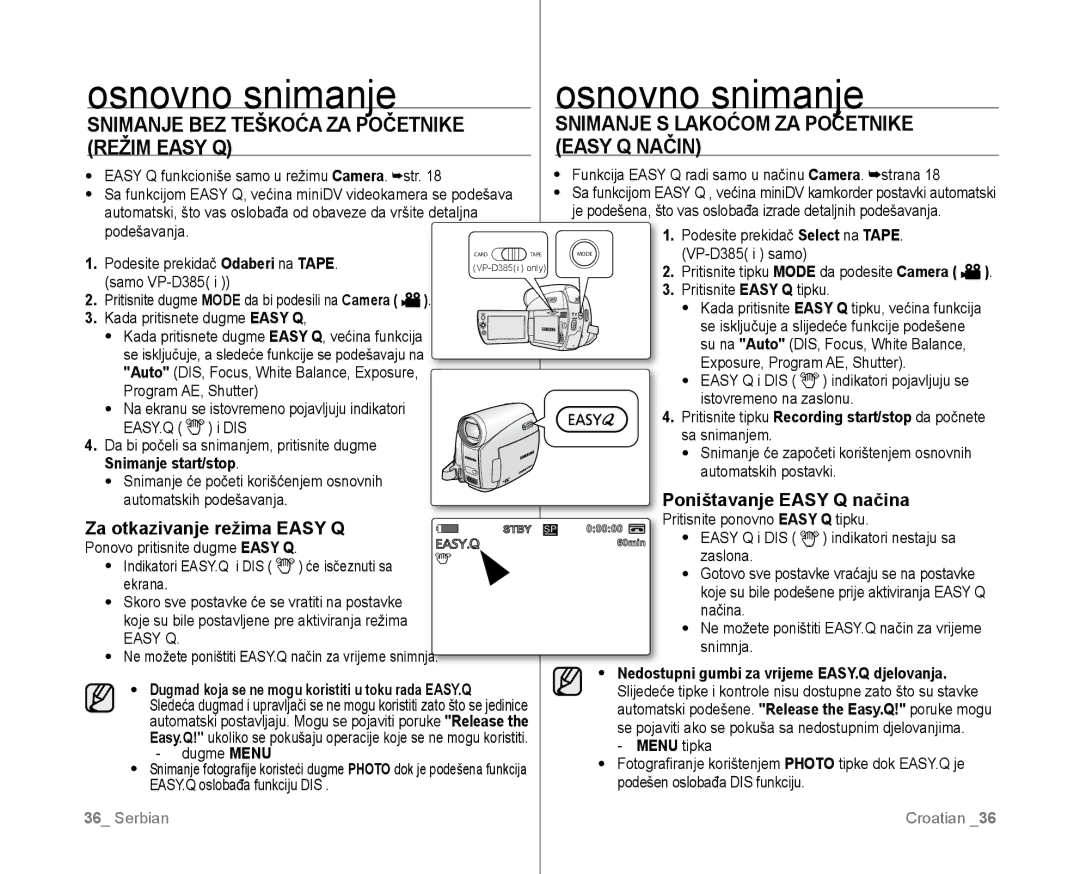 Samsung VP-D381/EDC manual Snimanje S Lakoćom ZA Početnike, Režim Easy Q Easy Q Način, Snimanje BEZ Teškoća ZA Početnike 