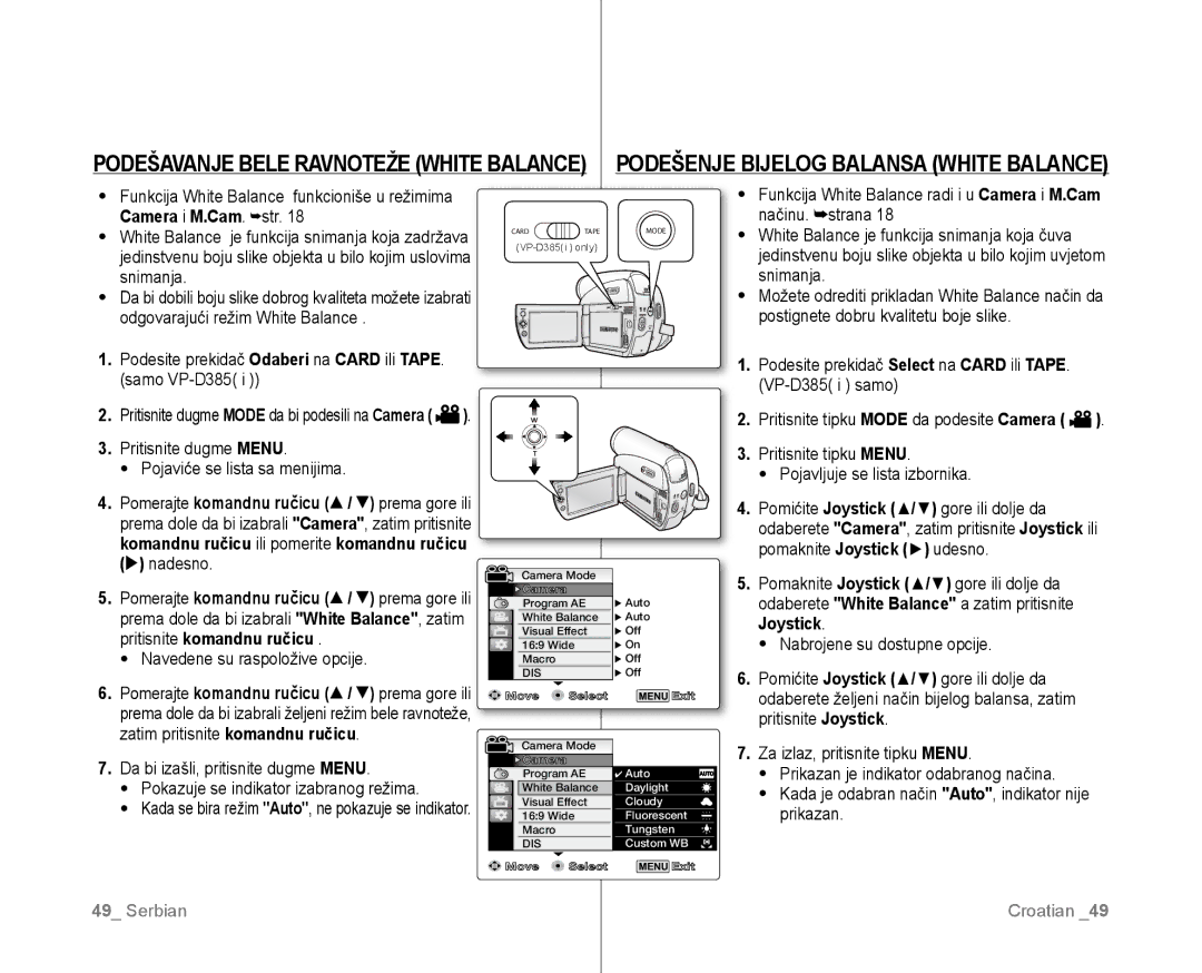 Samsung VP-D381/EDC manual Camera i M.Cam. str, Podesite prekidač Odaberi na Card ili Tape Samo VP-D385 