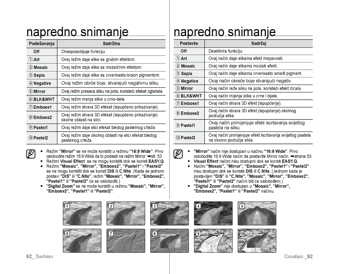 Samsung VP-D381/EDC manual Sepia, Mirror, Emboss2,  Pastel2, Pastel1 