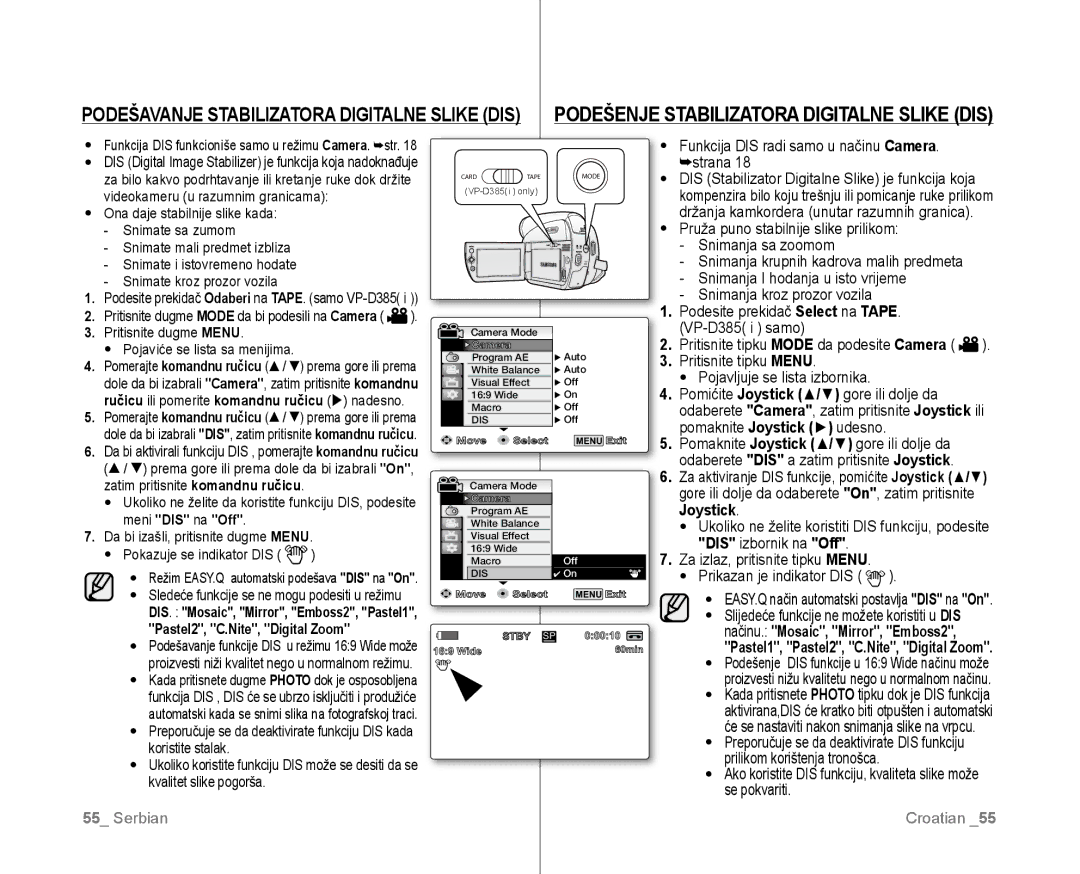 Samsung VP-D381/EDC manual Načinu. Mosaic, Mirror, Emboss2, Pastel1, Pastel2, C.Nite, Digital Zoom 