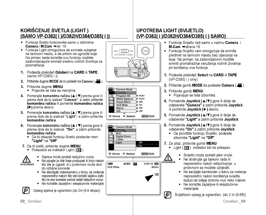 Samsung VP-D381/EDC manual Korišćenje Svetla Light Upotreba Light Svijetlo, Light na Off 