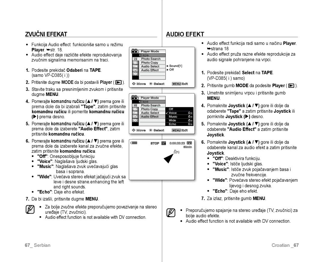 Samsung VP-D381/EDC manual Zvučni Efekat, Audio EfeKt, Pritisnite komandnu ručicu Joystick 